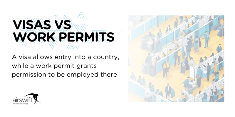 Difference between visas and work permits for international employment.