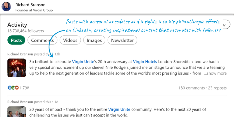 Richard Branson’s LinkedIn activity feed showcasing posts that reflect his passion for social causes and Virgin Unite’s 20th anniversary. Branson shares personal anecdotes and philanthropic insights, mentioning notable figures like Nile Rodgers and promoting initiatives aimed at addressing global issues. This engaging, inspirational content highlights Branson’s commitment to making a positive impact, connecting with followers and encouraging social responsibility through the Virgin brand.