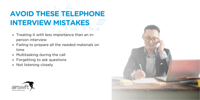 Tips to avoid common telephone interview mistakes listed beside a man on a phone with a laptop