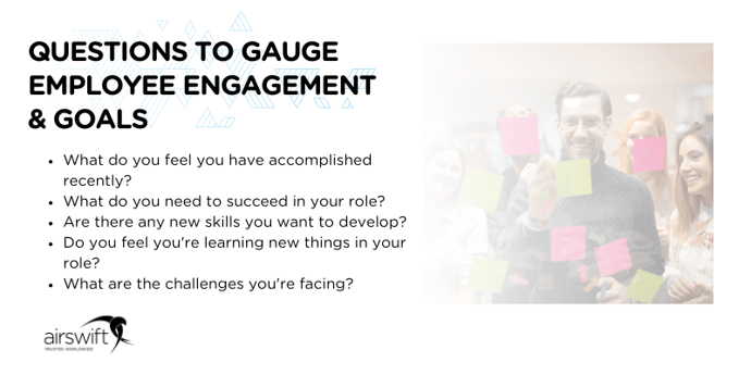 List showing types of questions to ask employees gauge levels of engagement and career goals during training and development in the workplace