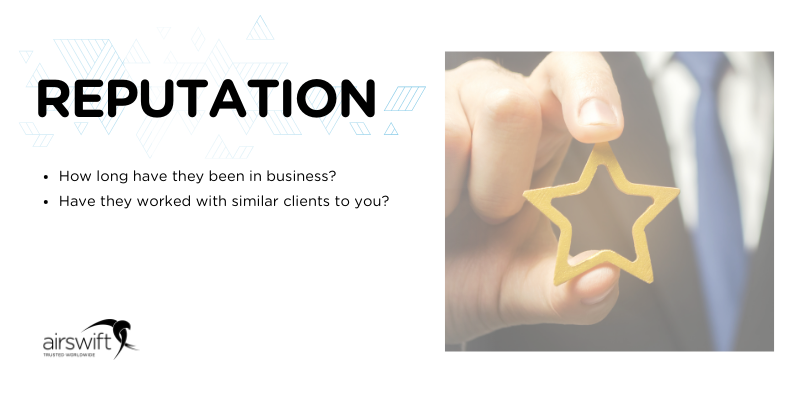 A hand holding a golden star against a blurred professional background, with text discussing business longevity and client experience.