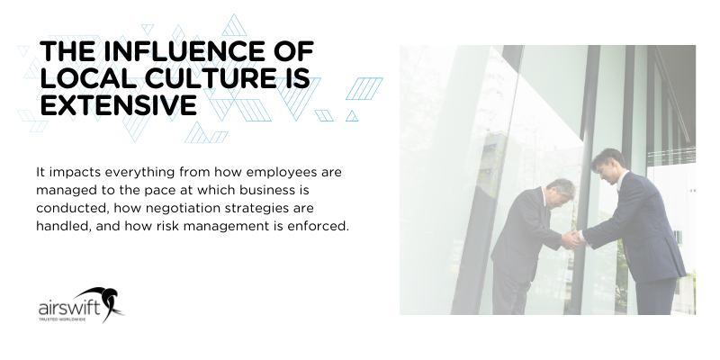 The image shows the phrase "THE INFLUENCE OF LOCAL CULTURE IS EXTENSIVE" with text explaining how culture affects business practices. To the right, two professionals bow to each other outside a modern office.