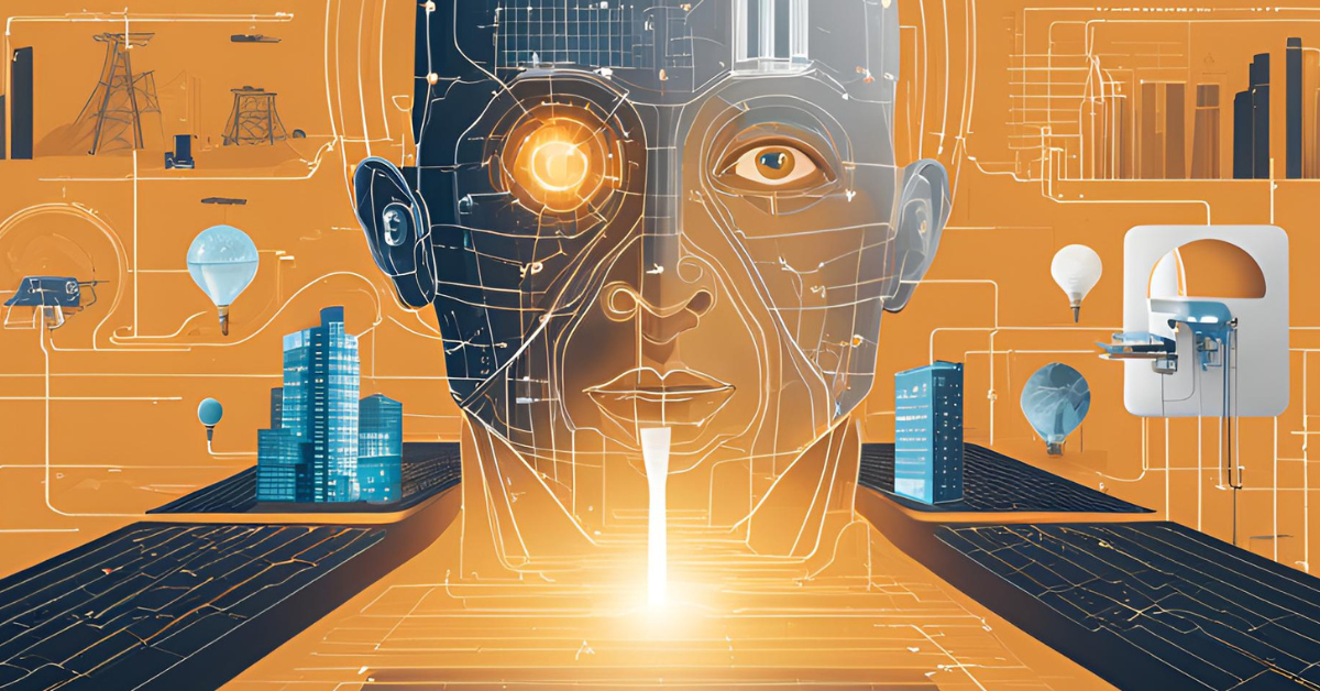 Futuristic holographic image of a head surrounded by holographic images of things related to the energy sector