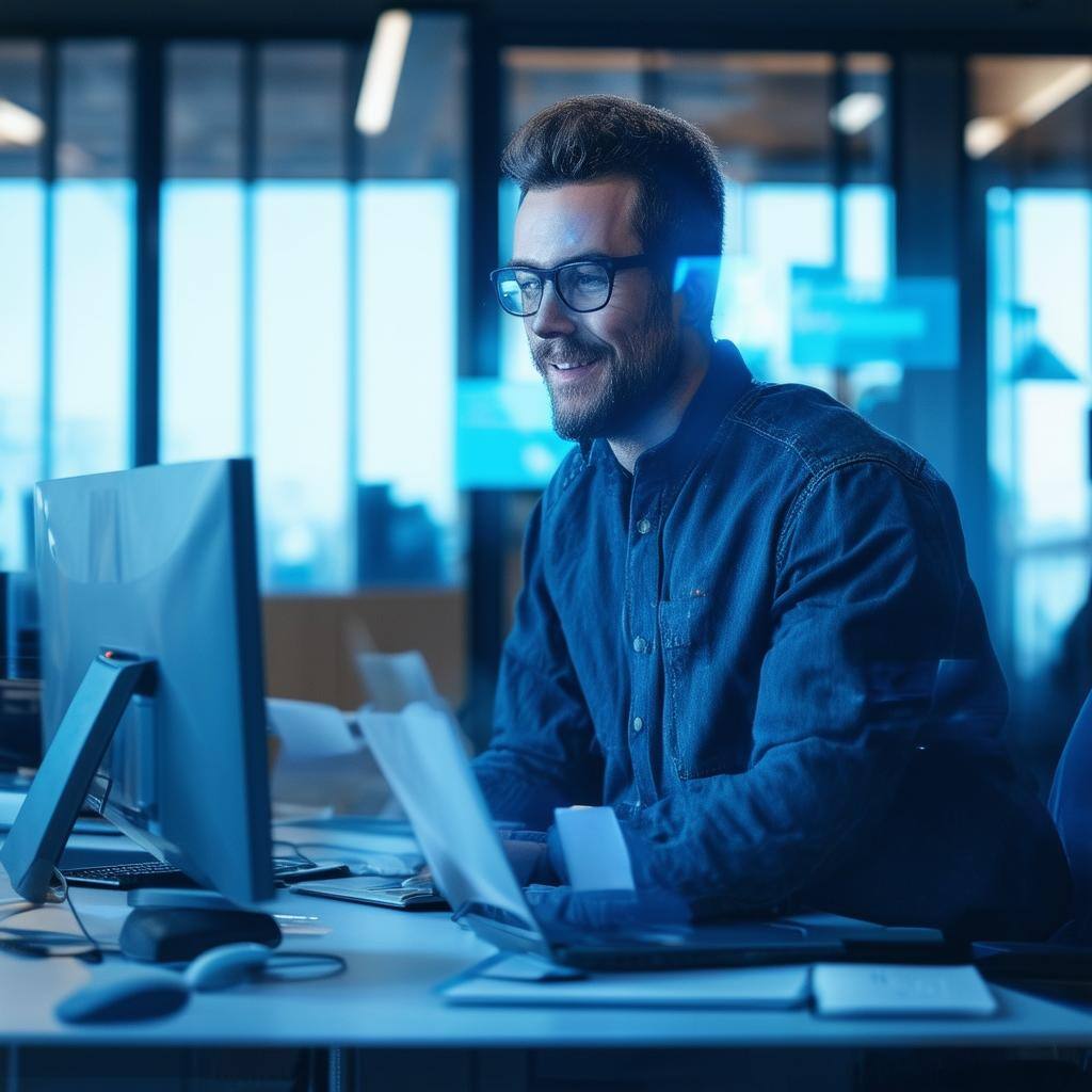 A man looking at the computer monitor